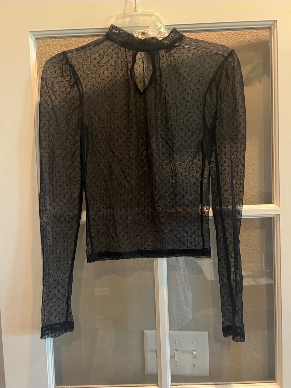 🎯 2/$5 Forever 21 Black Sheer Dotted Mesh Tie Neck Top Size Small